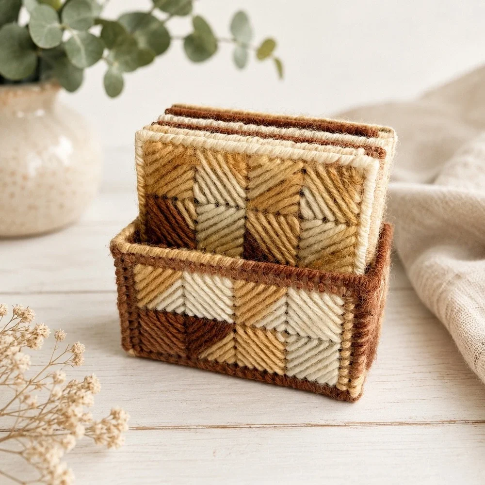 Vintage Handmade Plastic Canvas Coaster Set 7pc Brown Tan Geometric Boho Decor